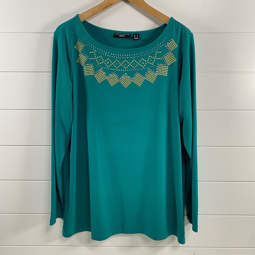 Susan Graven Womens Artisan Beaded Liquid Knit Top L Teal Travel Comfy Classic